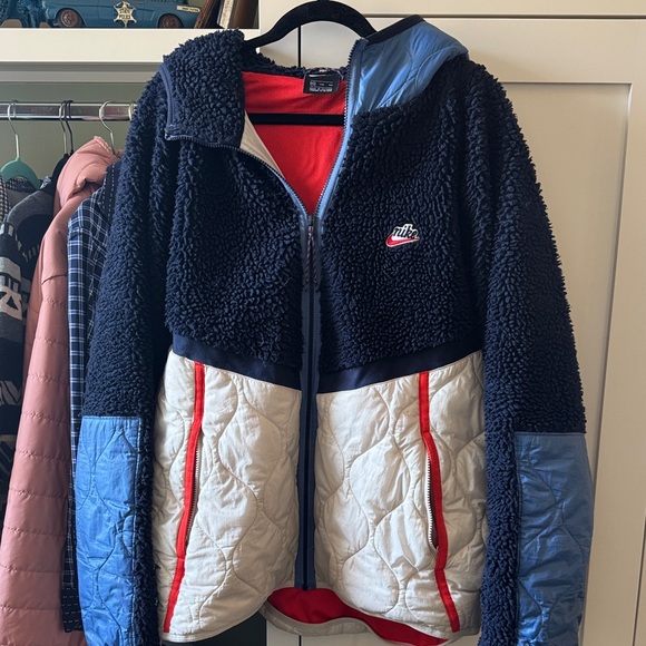 Nike Other - Nike Navy Sherpa Jacket with Light Blue, White & Red Accents